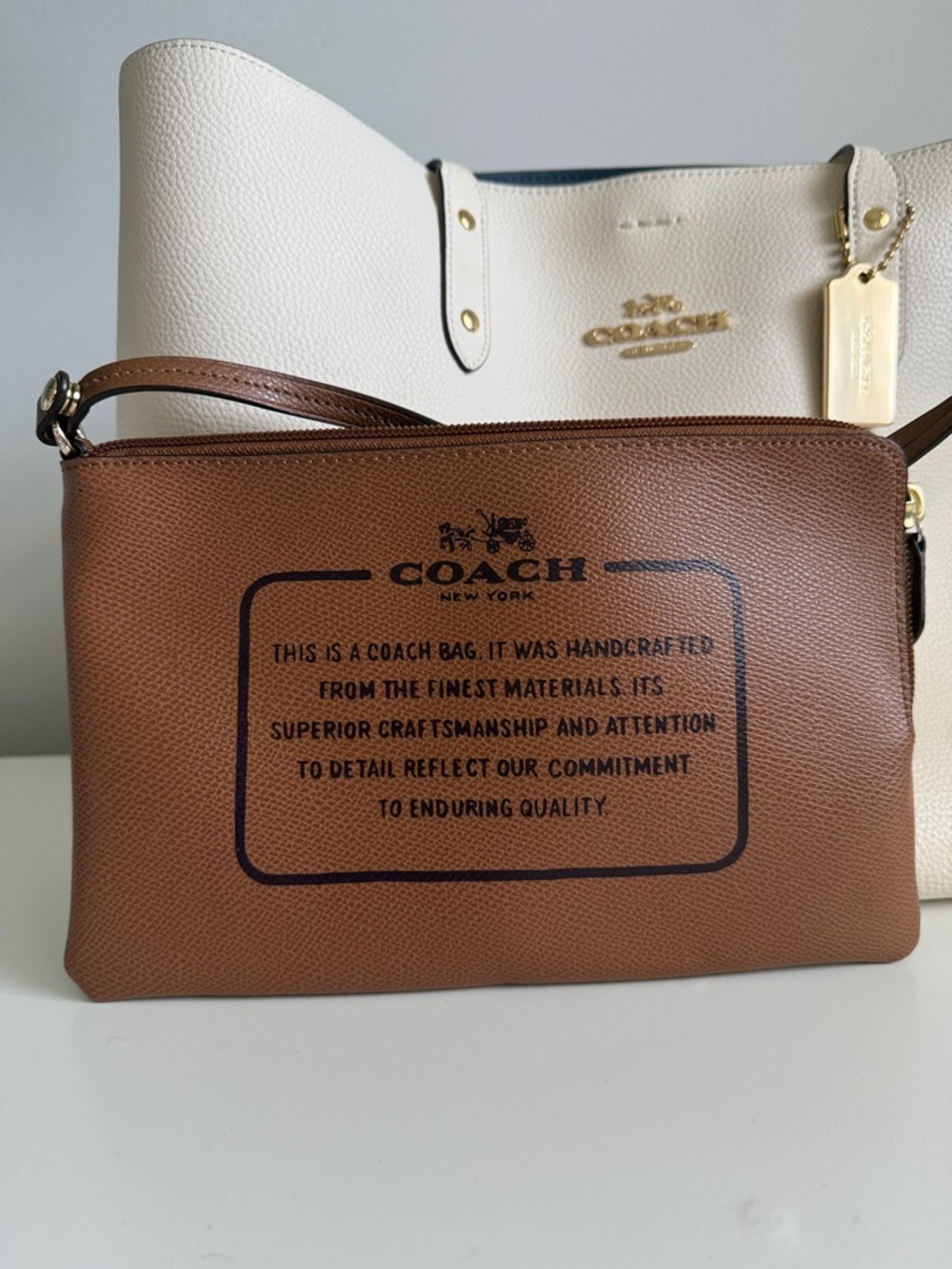 Coach Pebbled Chalk Leather Town Tote with Brown Pouch and a scarf accent - Picture 12 of 13